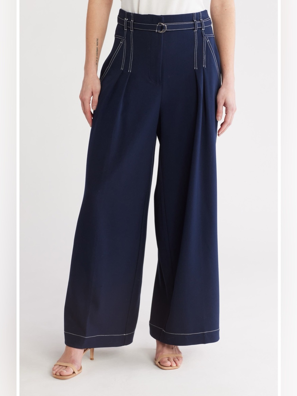Adrianna Papell Navy Wide-Leg Pleated Topstitch Paperbag Pants